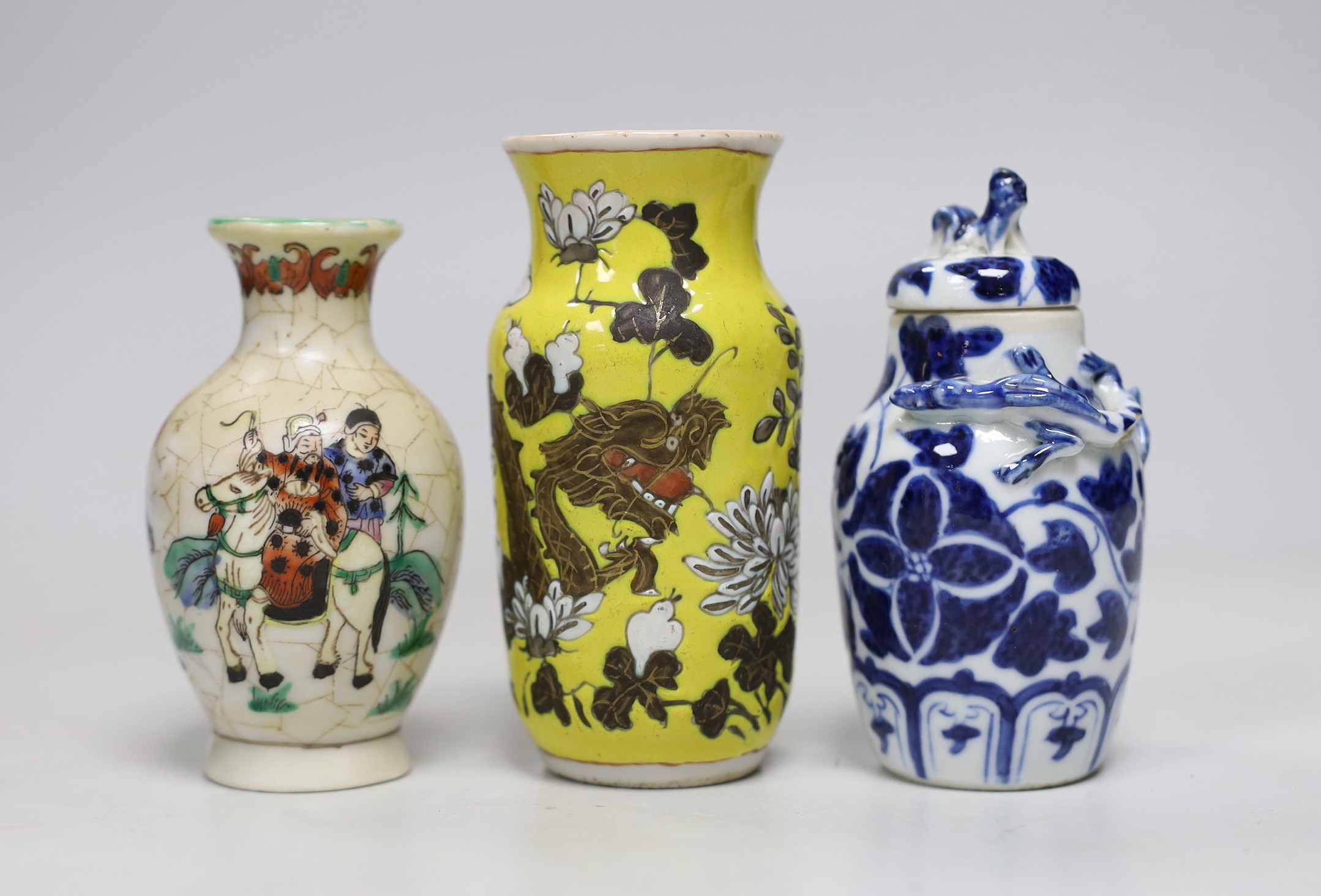 Two 19th century Chinese porcelain small vases and a small famille rose vase, tallest 11cm high